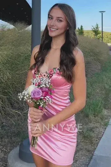 Vestido de fiesta de bienvenida de satén plisado con apliques de corazón y tirantes rosas sencillos de FannyWe, vestidos formales